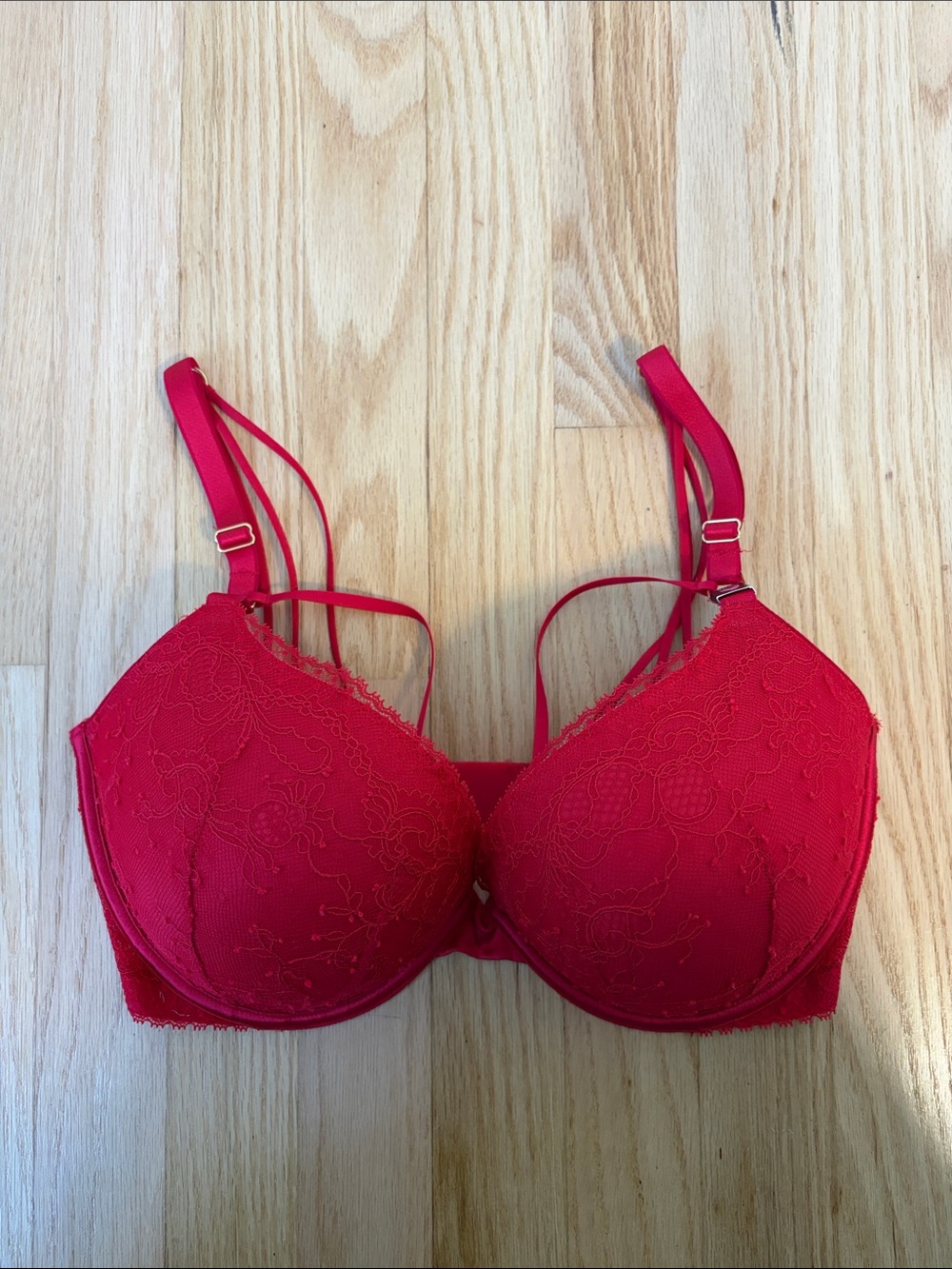 Red Lace Push-Up Bra with Decorative Straps